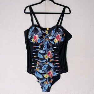 Women’s Black & Floral One Piece Swimsuit Bathing Suit 4XL